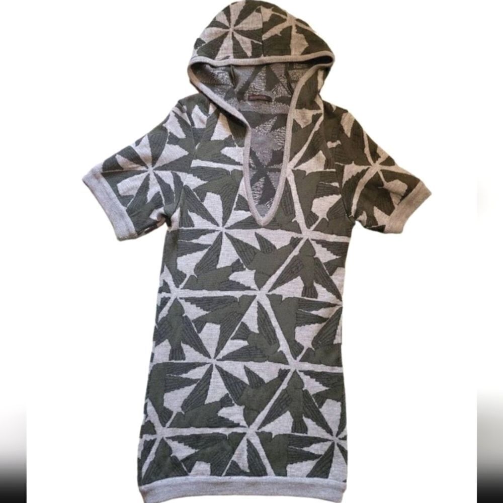 Emma Cook Designer Hooded Tunic Sweater Wool Bird Print Grey Women's Small